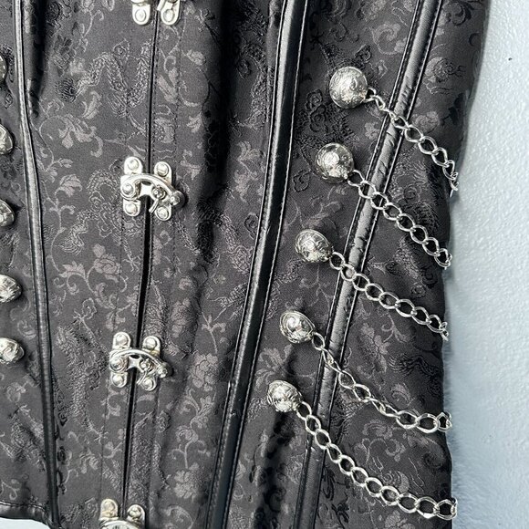 Victorian Steampunk Black Brocade Boned Corset with Chain - Picture 2 of 6